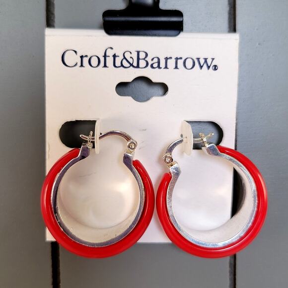 Croft & Barrow Red Silver Hoop Earrings Pierced 1.43in Resin Metal, Gift Bag - Picture 1 of 6